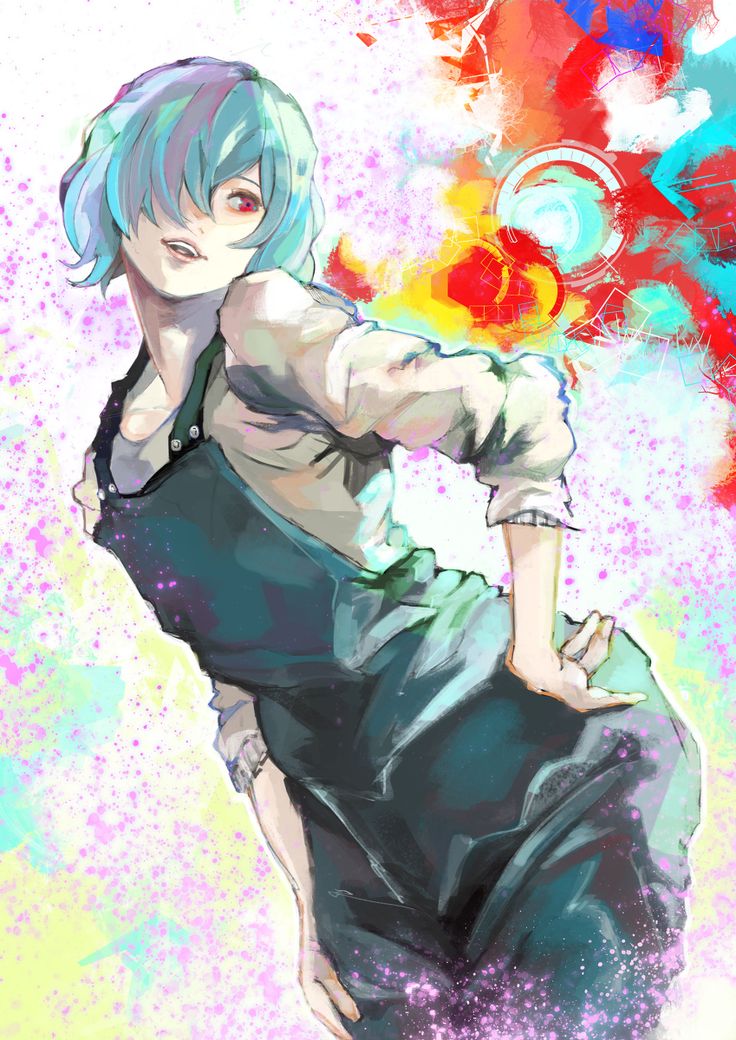 an anime character with blue hair and black pants, holding a flower in her hand