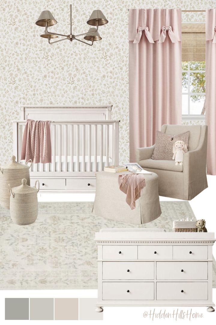 Cute nursery decor mood board with beige and pink colors throughout! Baby girl nursery inspiration Floral Neutral Nursery, Small Print Floral Wallpaper, Light Pink Neutral Nursery, Dreamy Nursery Girl, Wallpaper For Nursery Girl, Modern Pink Nursery, Modern Organic Nursery Girl, Baby Girl Nursery Neutral Blush, Baby Girl Wallpaper Nursery