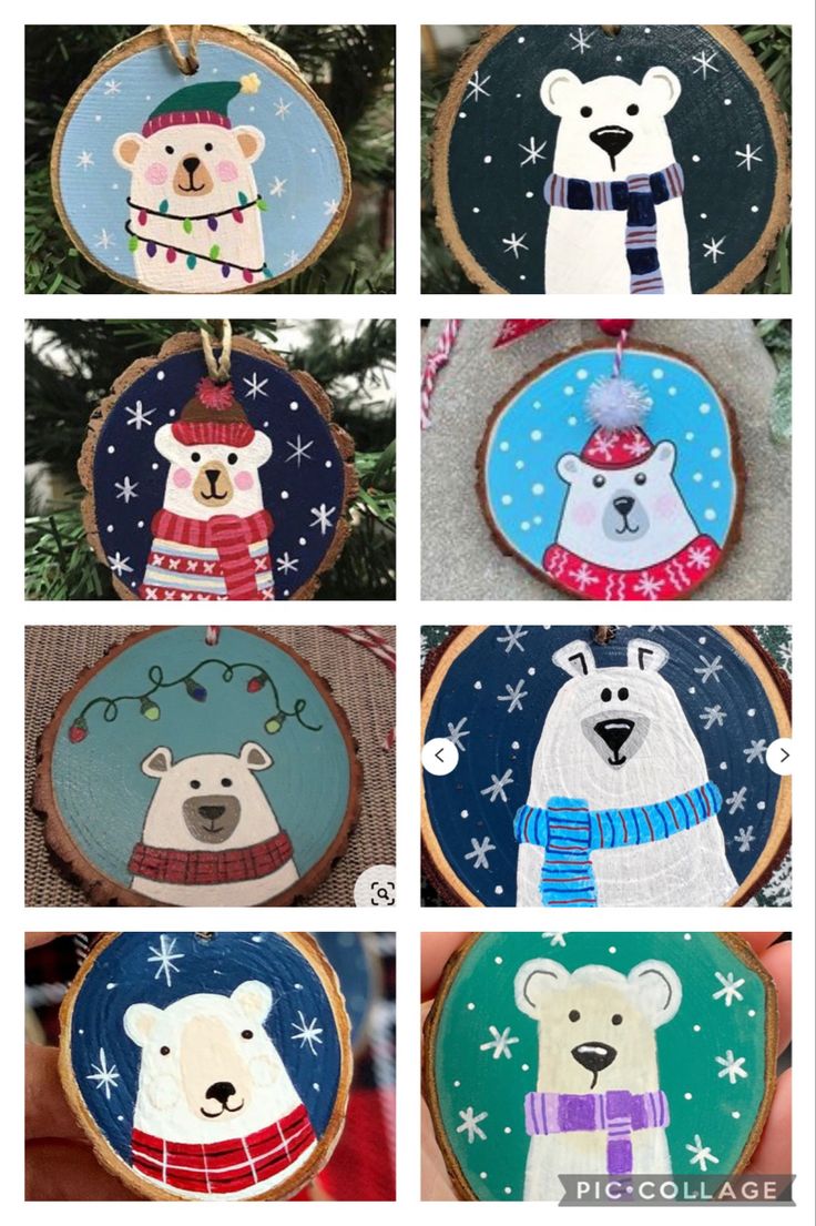 four pictures of christmas ornaments with bears and snowflakes