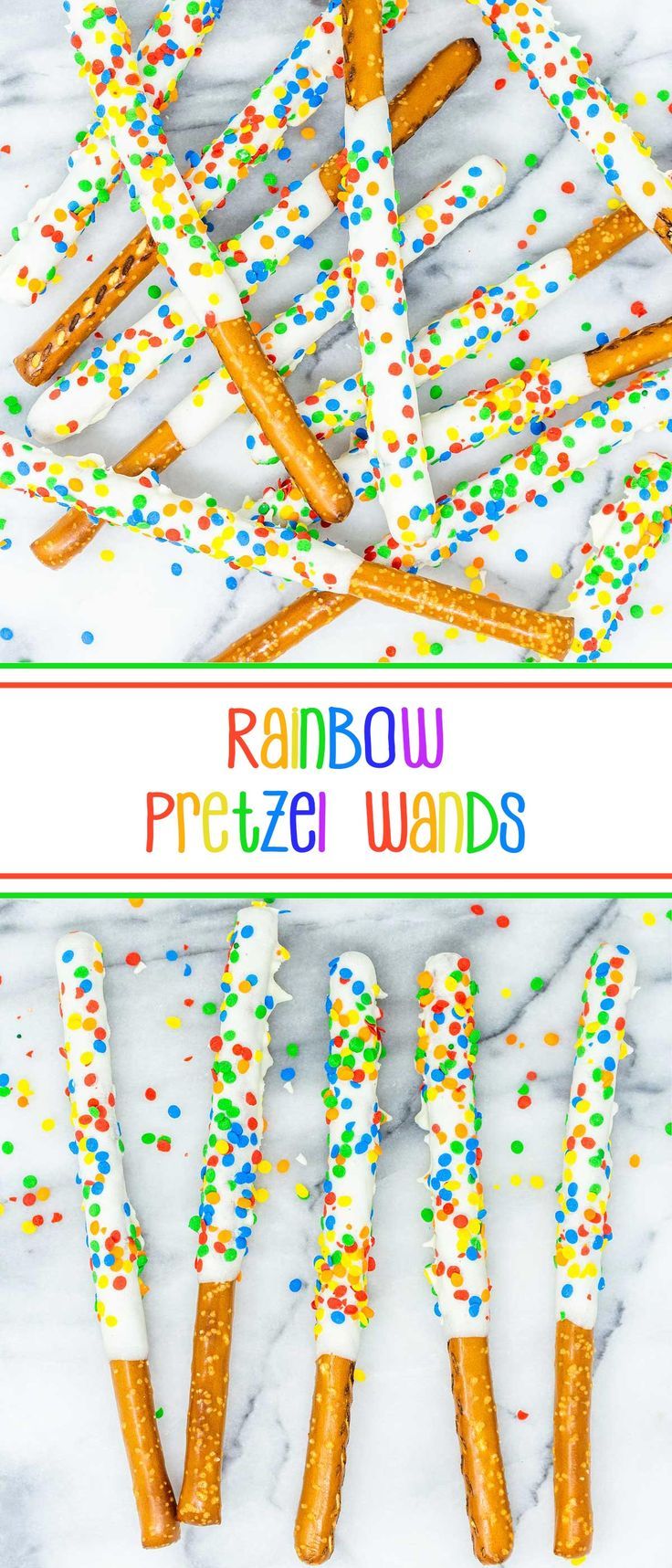 rainbow pretzel wands with sprinkles on white marble counter top