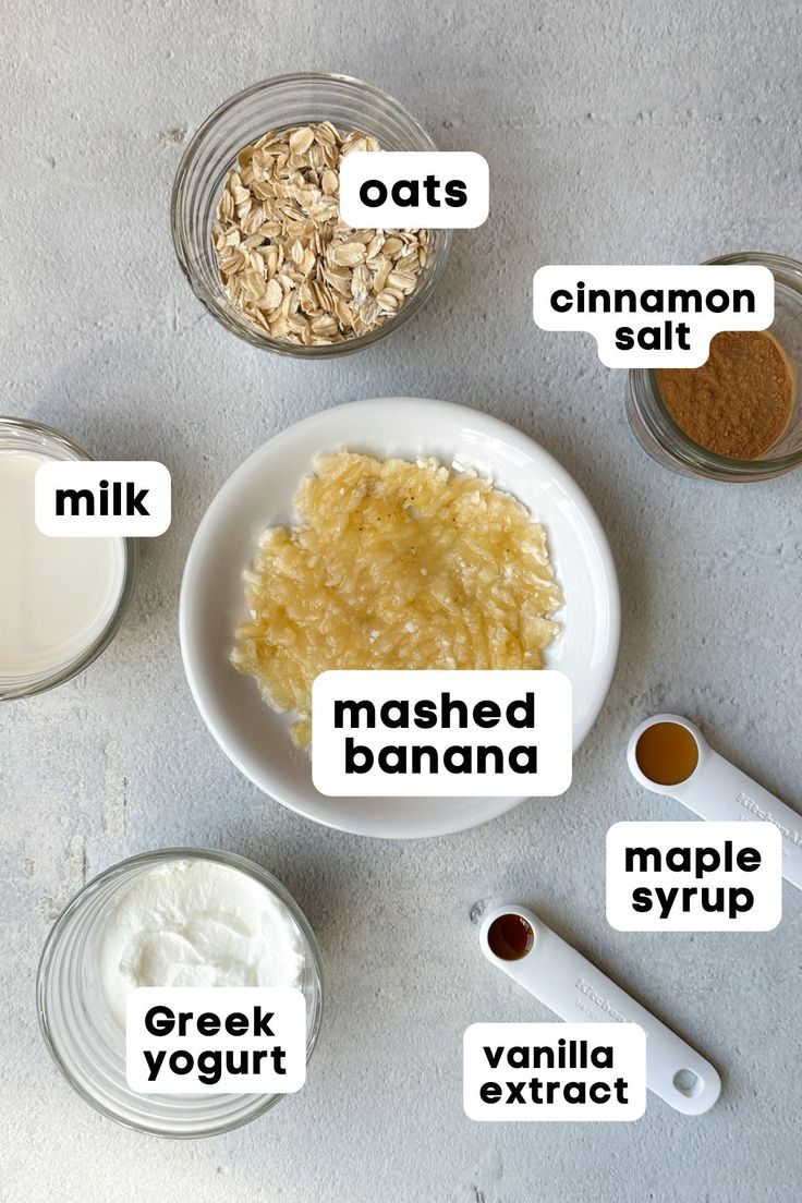 ingredients to make oatmeal smoothie laid out on a counter top with names