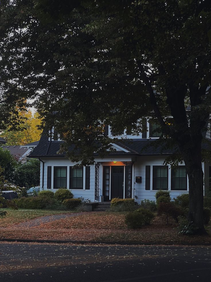 a white house with black shutters on the front and side windows, surrounded by trees