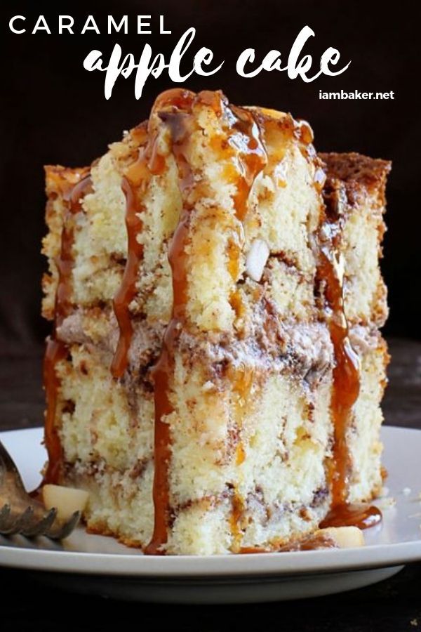 a slice of caramel apple cake on a white plate