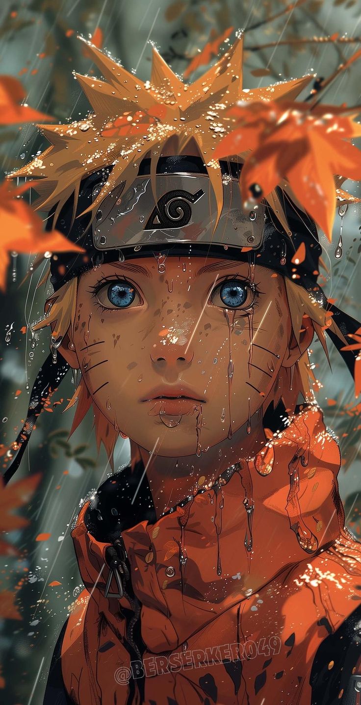 an anime character is standing in the rain with orange leaves on his head and blue eyes