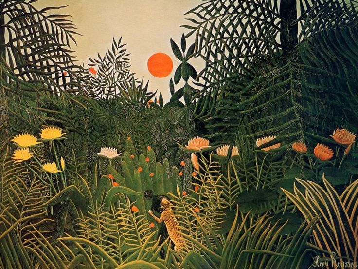 an image of a jungle scene with flowers and plants in the foreground, orange sun in the background