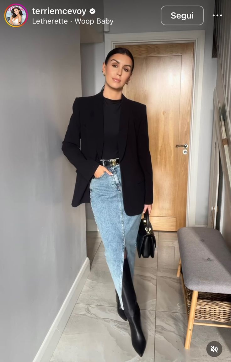 Summer Fall Work Outfits, Satin Skirt With Booties, Denim Maxi Skirt Boots Outfit, Maxi Dress For Office, Maxi Skirt Long Sleeve Top Outfit, Jean Skirt Office Outfit, Denim Midi Skirt Winter Outfit, Maxi Denim Skirt Fall Outfit, Jean Maxi Skirt Outfit Fall