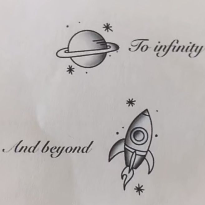 the back side of a piece of paper with space and stars on it that says, to infinity and beyond