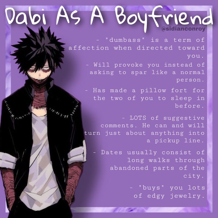 an anime character is standing in front of a purple background with the words dabi asa boyfriend