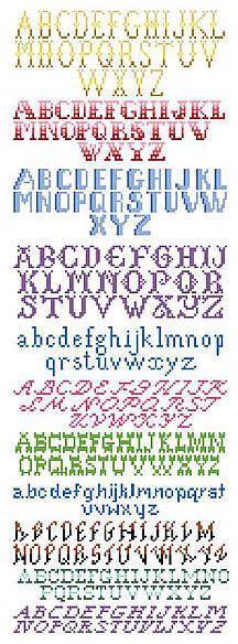 a cross stitch alphabet pattern with letters and numbers in different colors, including the letter's