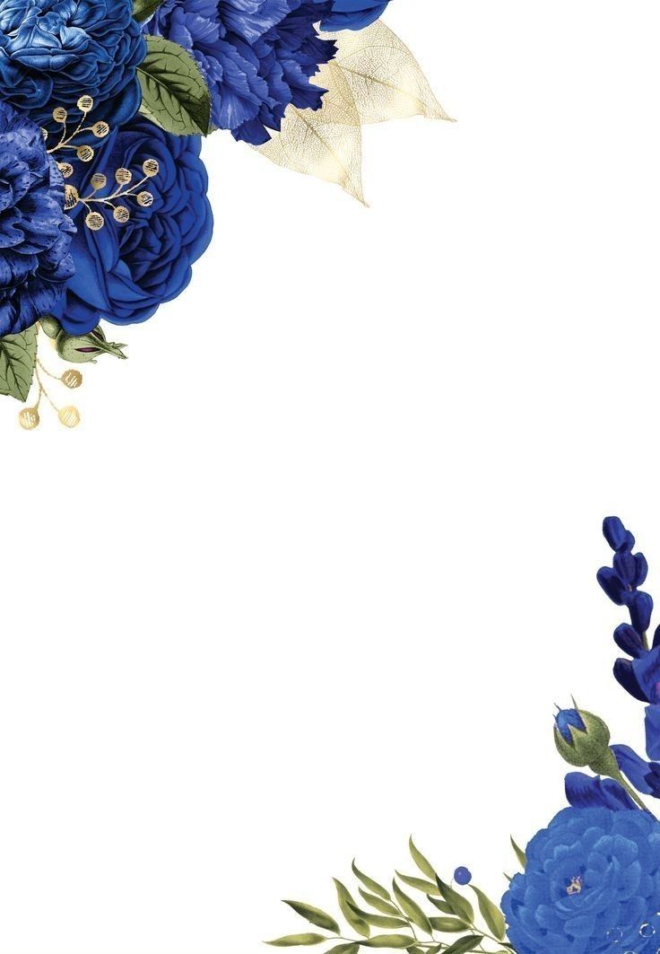 blue flowers and greenery on a white background with space for your text or image