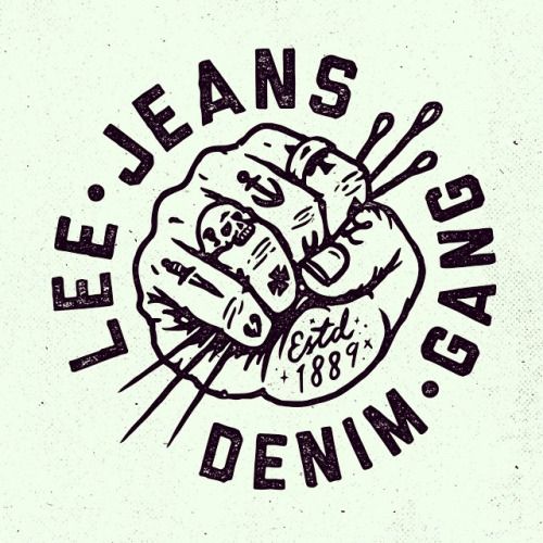 a black and white drawing of a fist with the words lee jeans gang on it