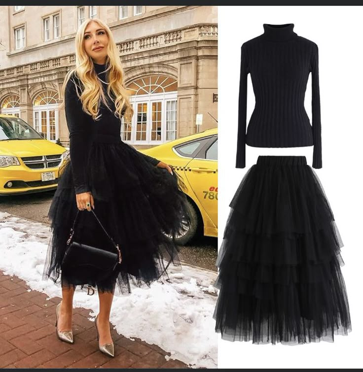 Tulle Skirt Outfit Winter, Tule Skirt Outfit, Long Black Tulle Skirt, Black Tulle Skirt Outfit, Midi Skirt Outfit Winter, Ruffle Skirt Outfit, Tool Skirt, Tutu Skirt Outfit, Tulle Skirts Outfit