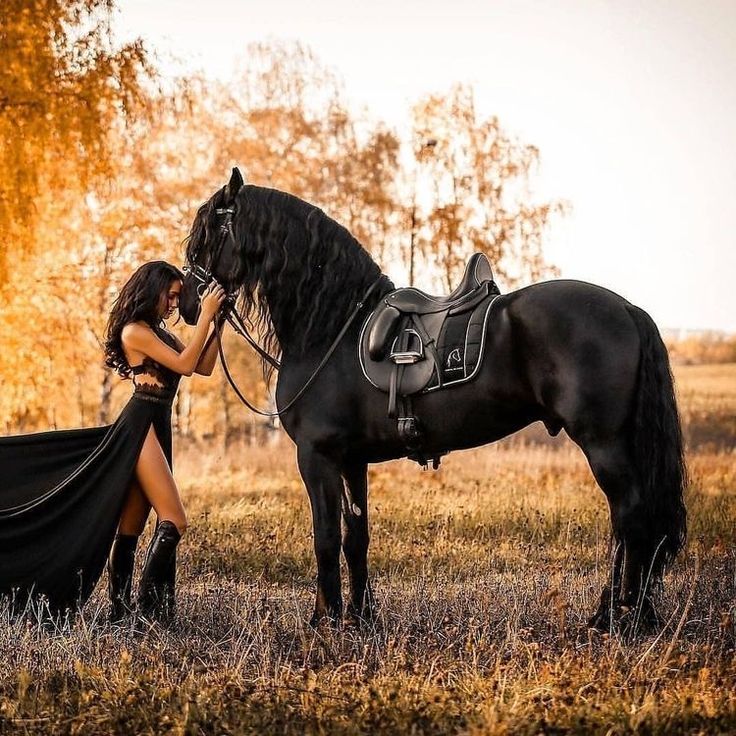 a woman in a black dress standing next to a horse