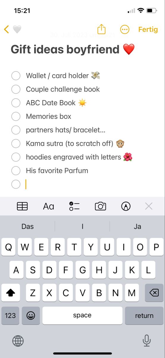 an iphone screen with the text gift ideas boyfriend and other things to do on it