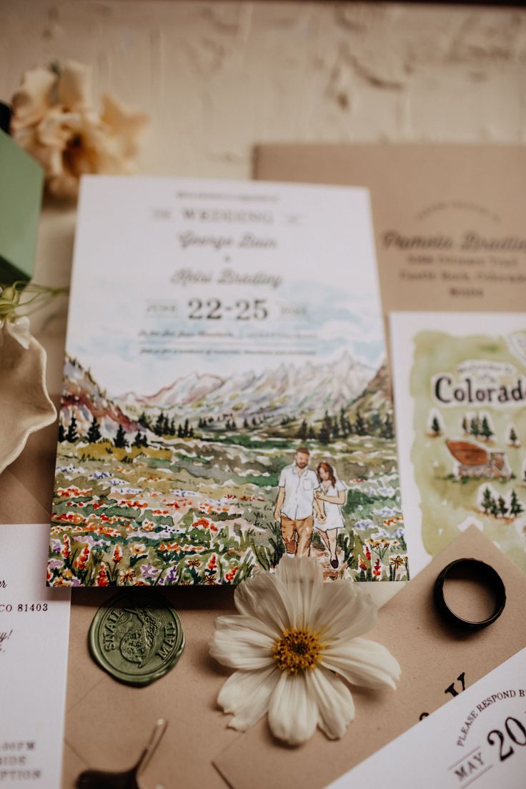 the wedding stationery is laid out on the table