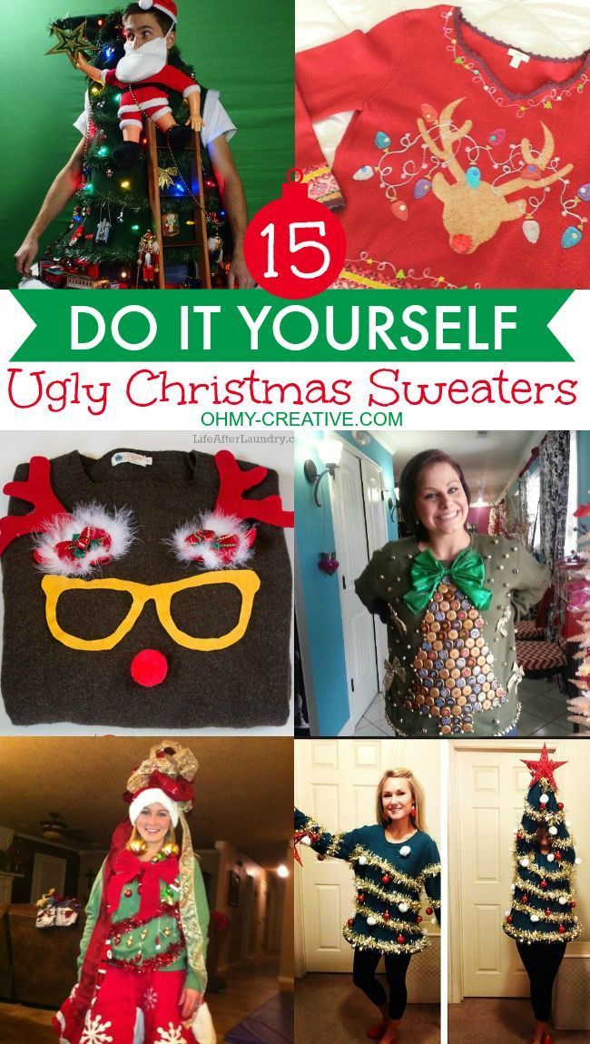 christmas sweaters are featured in this collage with the words do it yourself ugly christmas sweaters