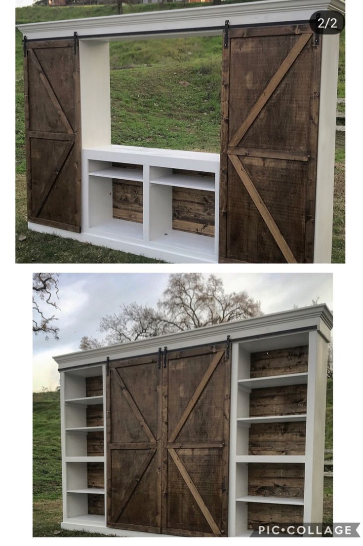 an old bookcase is transformed into a diy outdoor entertainment center with sliding doors