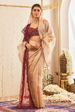 Beige pre-draped saree with scallop border. Paired with resham, dabka, sequin, moti, crystal embellished padded blouse and stole. - Aza Fashions Floor-length Dupatta With Draped Sleeves For Wedding, Floor-length Wedding Dupatta With Draped Sleeves, Wedding Floor-length Dupatta With Draped Sleeves, Silk Blouse Piece With Draped Sleeves For Wedding, Tissue Silk Pre-draped Saree For Wedding, Pre-draped Tissue Silk Saree For Wedding, Festive Wedding Blouse Piece With Draped Sleeves, Festive Wedding Saree With Draped Sleeves, Festive Wedding Blouse With Draped Sleeves