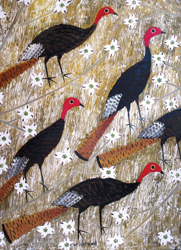 four birds are walking in the grass with flowers on it's back ground and one bird is red, white, and black