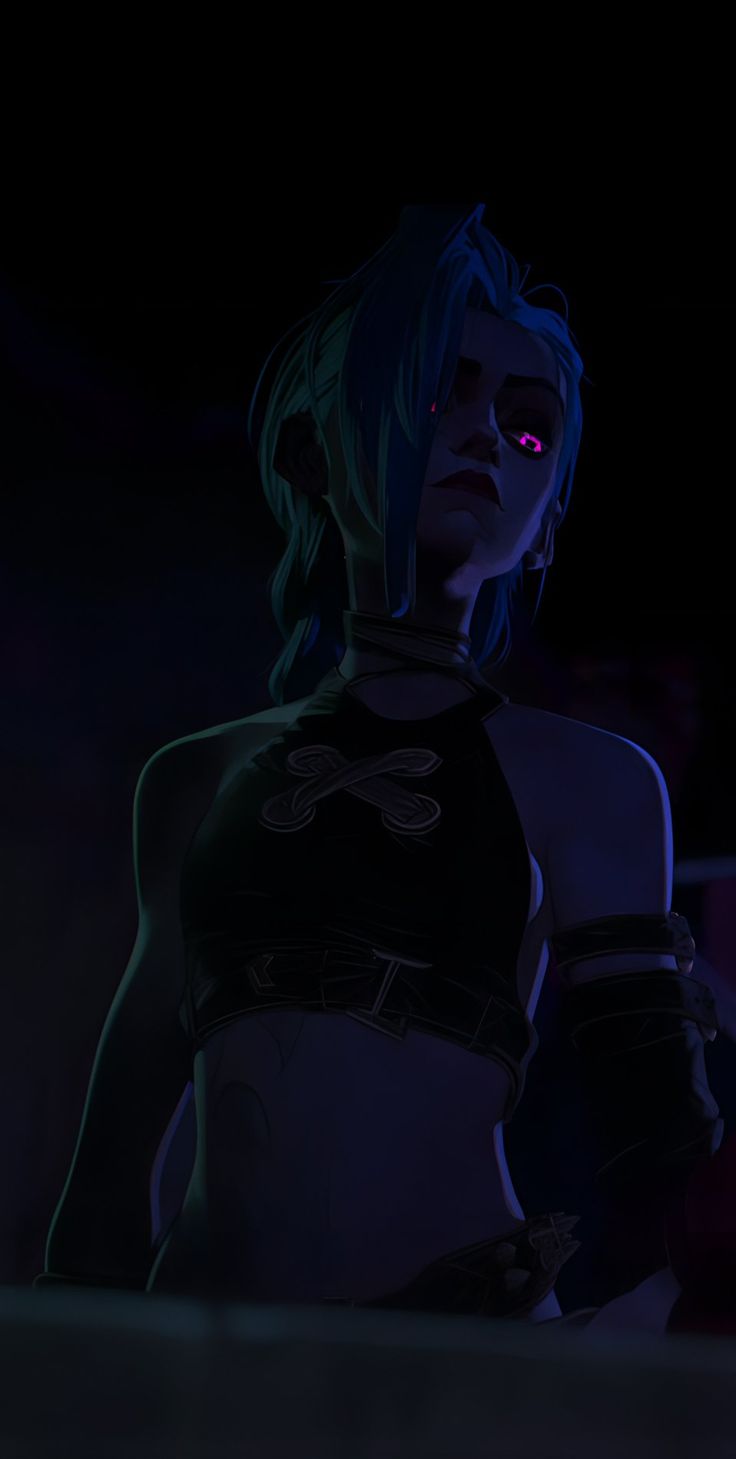 an animated character in the dark with red eyes and black clothing, standing next to a wall