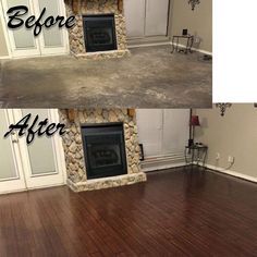 before and after pictures of a living room with hard wood flooring in the middle