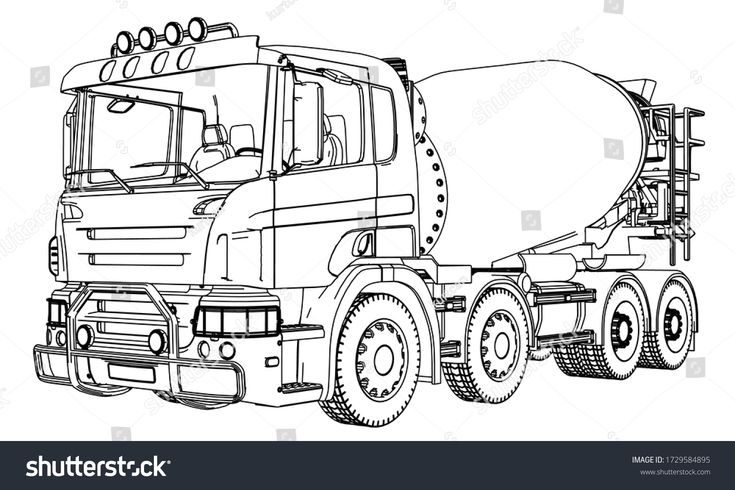 a black and white drawing of a cement truck