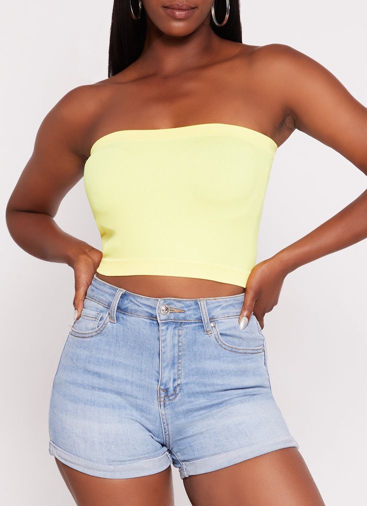 Sleeveless, Strapless, Bandeau Top, Cropped Hem, Seamless, Solid, Ribbed Knit, Item Number 0014058757777 Stretch Tube Top With Built-in Bra, Stretch Seamless Bandeau Camisole, Seamless Stretch Bandeau Camisole, Yellow Crop Top With Built-in Bra, Fitted Seamless Bandeau Tank Top, Solid Strapless Seamless Tank Top, Solid Color Seamless Strapless Tank Top, Seamless Stretch Strapless Camisole, Seamless Bandeau Tank Top