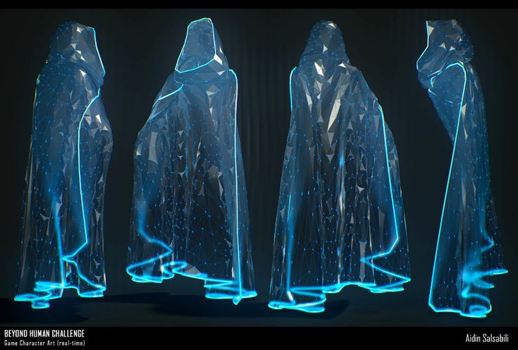 three plastic figures with glowing blue lights in the shape of raincoats and cloaks