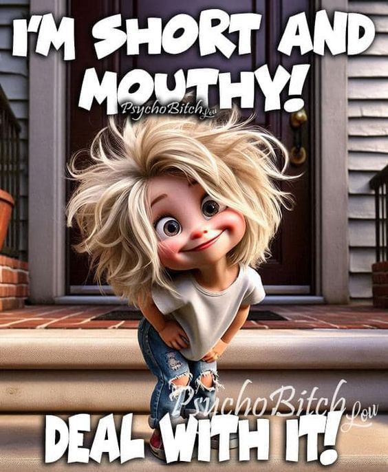 a cartoon character is sitting on the steps with her hair blowing in the wind and saying, i'm short and mouthy