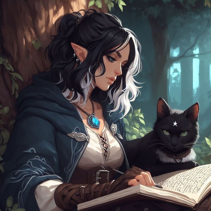 a woman reading a book next to a black cat