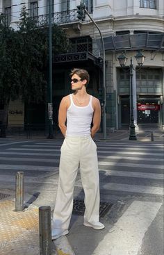 Sando Top Outfit, White Tank Top Outfit Men, 80s Mens Outfits, Style White Pants, Mens Ootd, White Tank Top Outfit, Men Outfits Aesthetic, White Pants Men, Tank Top Outfit