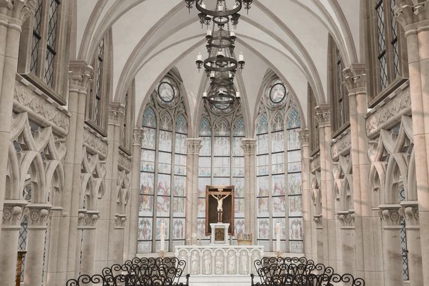 an empty church with pews and stained glass windows