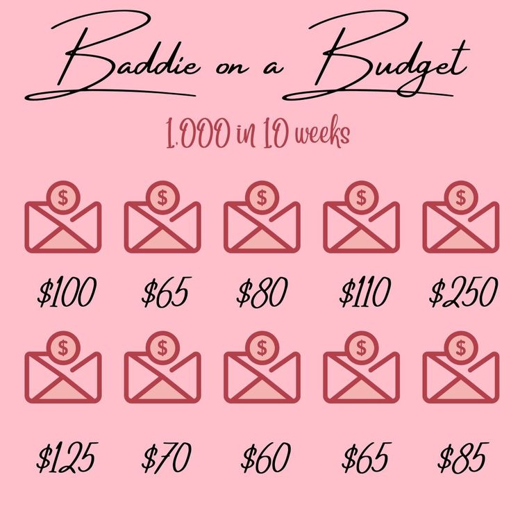 a pink poster with numbers and envelopes on it that says baddie on a budget