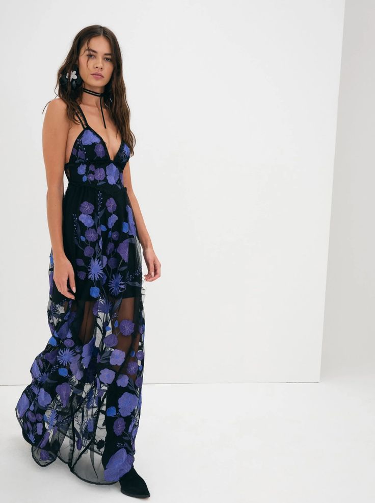 Kaylee Maxi Dress in Purple – For Love & Lemons Blue V-neck Dress For Summer Parties, Chic Floral Print Midi Dress For Party, Chic Maxi Dress With Floral Embroidery For Party, Chic Floral Embroidered Maxi Party Dress, V-neck Dresses For Summer Parties, Chic Evening Maxi Dress With Floral Embroidery, Chic Floral Print Dress For Date Night, Dressy Midi Dress For Summer Party, Dressy Floral Print Maxi Dress For Date Night