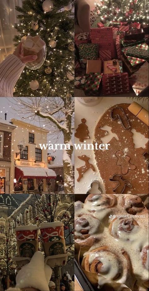 several different pictures of christmas decorations and food in front of a store with the words warm winter written on it