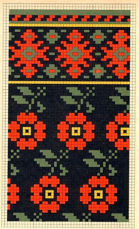 a cross stitch pattern with red flowers and green leaves on black background, in the style of native american art