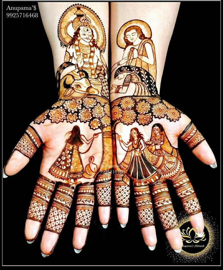 two hands painted with henna designs on each hand, one is holding an image of the