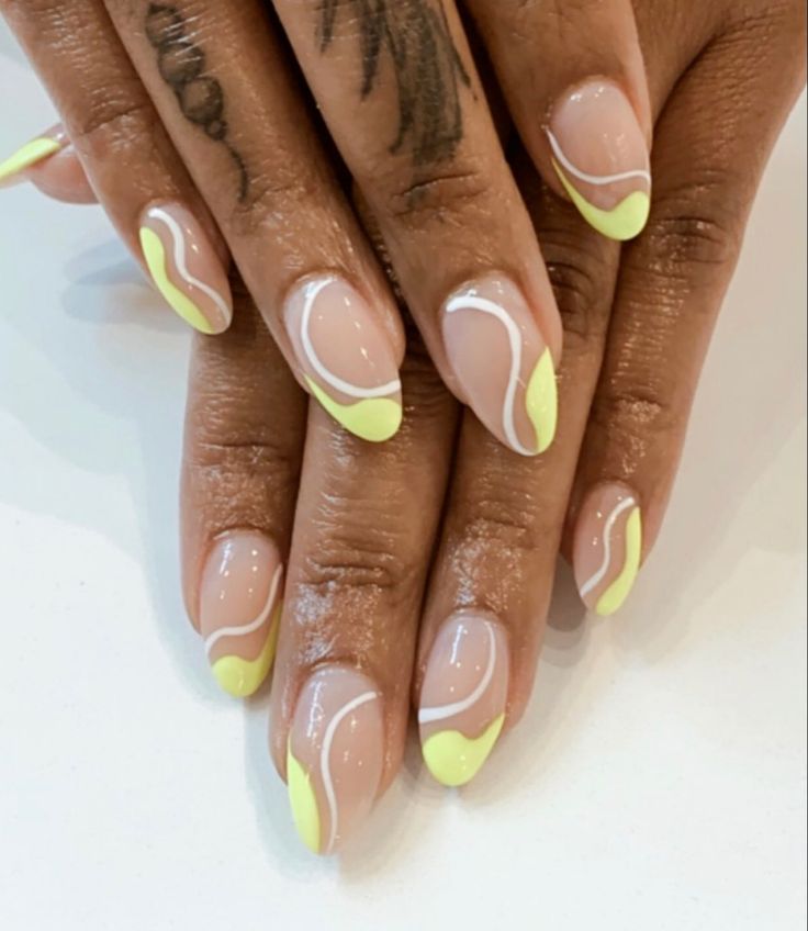 Spring Nails Swirl Design, Acrylic Nails Squiggly Lines, Yellow Nails Acrylic Design, Tennis Inspired Nails, Wave Nails Design Simple, Neon French Tip Nails Oval, Swiggly Lines Nail, Yellow Almond Nails Summer, Summer Nails With Lines