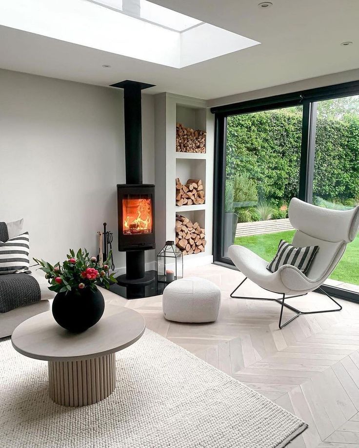 a living room filled with furniture and a fire place in the middle of it's walls