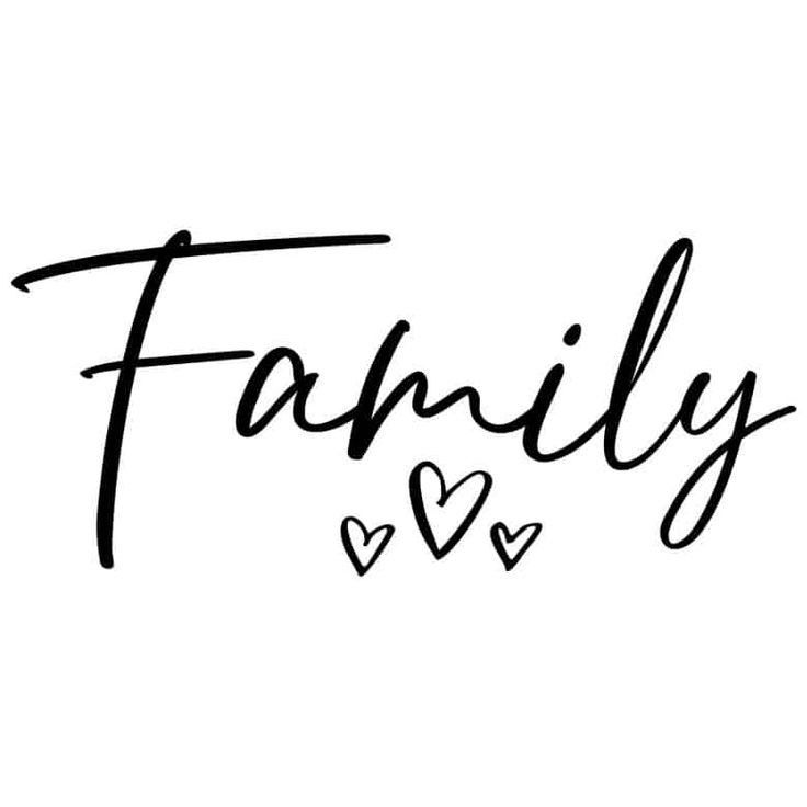 the word family written in black ink with hearts