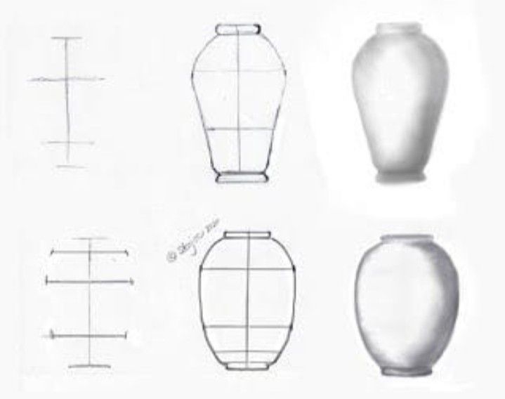 four different types of vases are shown in this drawing form, with lines drawn across the top and bottom