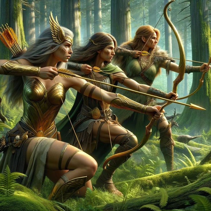 three women in the woods with bows and arrows