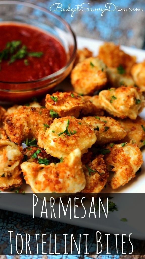 parmesan tortellini bites with marinara sauce on the side and text overlay