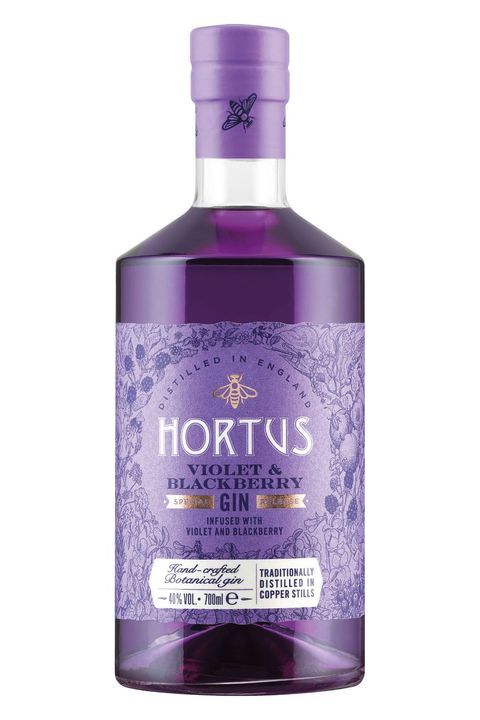 a bottle of horty's violet and honey gin on a white background