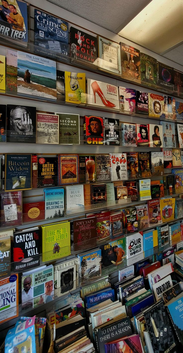 there are many books on the wall in this bookstore, and it is hard to tell what they are