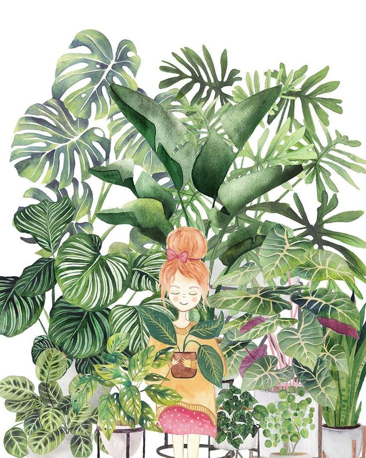 a watercolor painting of a girl surrounded by potted plants and houseplants