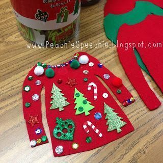 two red christmas sweaters with green trees and candy canes next to a can