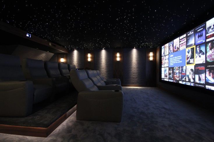 a home theater with two recliners and a projector screen