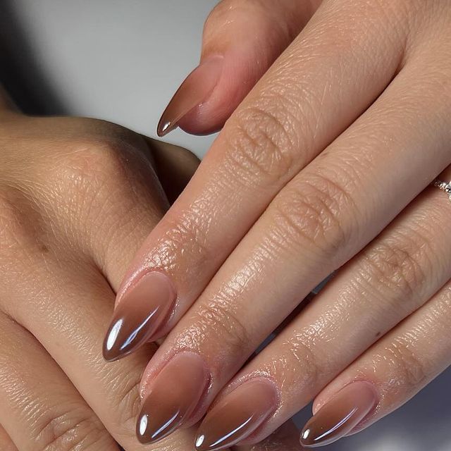 Ombré Glazed Nails, Chocolate Nail Ideas, Brown Ombré Nails With Chrome, Chocolate French Nails, Nails No Extension, Brown Ombre Chrome Nails, Brown Chrome Nails French, Brown Ombre French Tip Nails, Glazed Ombre Nails