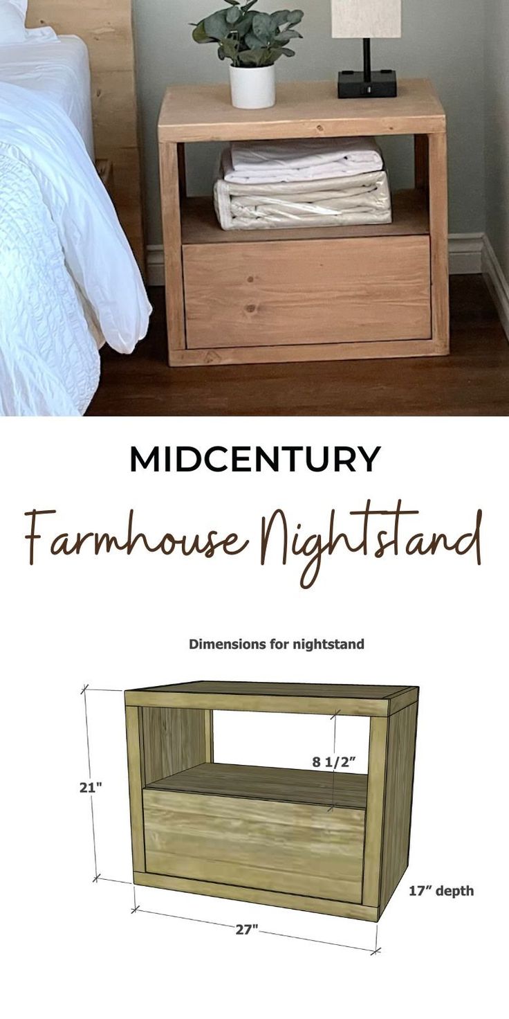 an image of a nightstand made out of wood with measurements for the top and bottom